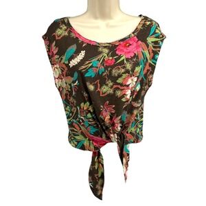 ANTHROPOLOGIE Floral Tie Front Top Cotton Linen Scoop Neck Boho Cottagecore S
